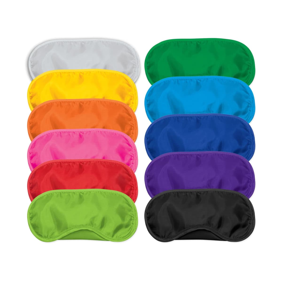 A collection of ten sleep masks in various colors, including white, yellow, orange, red, pink, blue, green, turquoise, purple, and black. They are arranged in two vertical columns on a plain background.