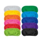 A collection of eleven sleep masks arranged vertically. From top to bottom, the colors are white, teal, yellow, orange, pink, light blue, dark blue, purple, lime green, and black. Each mask has a smooth, shiny texture.