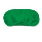 A green sleep mask with a smooth, shiny texture, laid flat against a white background. The mask has a simple design, meant to cover the eyes for blocking light during sleep.