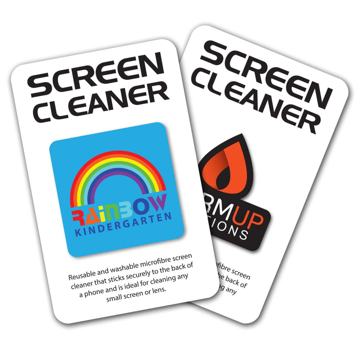 Two cards labeled Screen Cleaner with colorful logos. One card features a rainbow and RAINBOW KINDERGARTEN text, and the other card shows a flame icon with WARM UP SOLUTIONS text. They advertise reusable and washable screen cleaners.