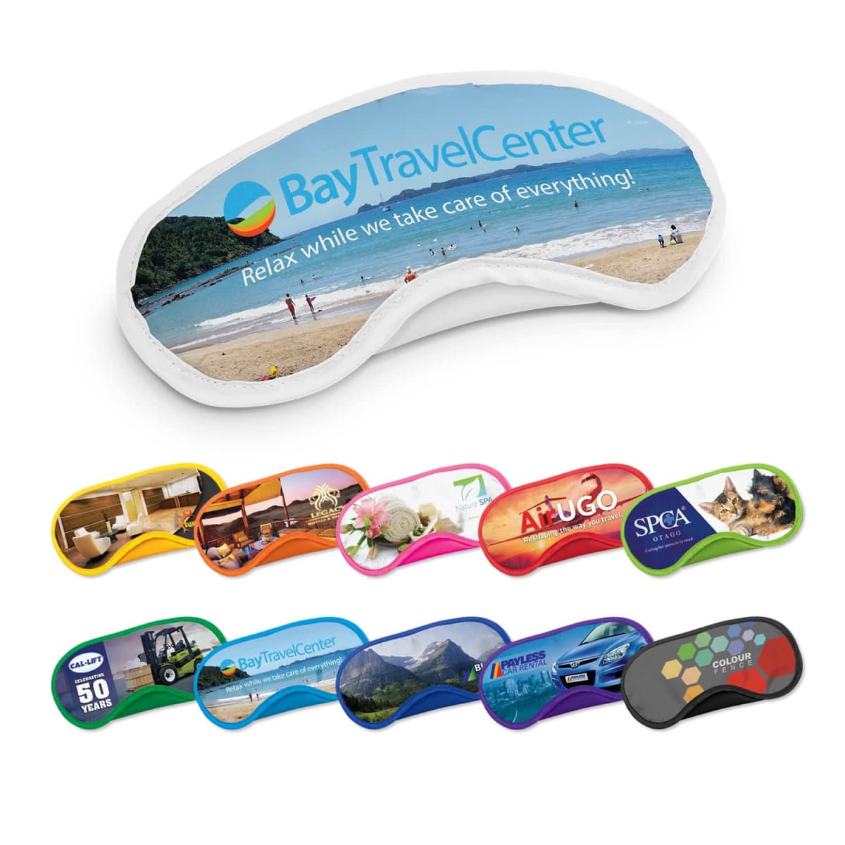 A collection of colorful branded sleep masks with various designs and logos, including beach scenes, car images, pet care, and healthcare themes. The main mask promotes Bay Travel Center with a beach and ocean view.