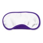 A sleep mask with a white silky front and a purple edge trim.