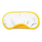 A white and yellow sleep mask with a smooth texture. The main body is white with a yellow border and backing, designed for comfort.