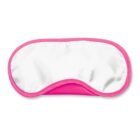 A white sleep mask with a pink border and back, lying flat on a white background.