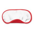 A white sleep mask with a red trim and backing, featuring a simple, contoured design. It appears soft and comfortable, intended for blocking light during sleep.