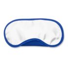A white sleep mask with a blue border, lying flat.