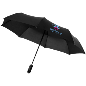 Custom black umbrella with Agropur logo and automatic handle for brand advertising.