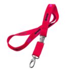 A red lanyard with Amway printed in black. It features a silver metal swivel hook at the end for attaching items.