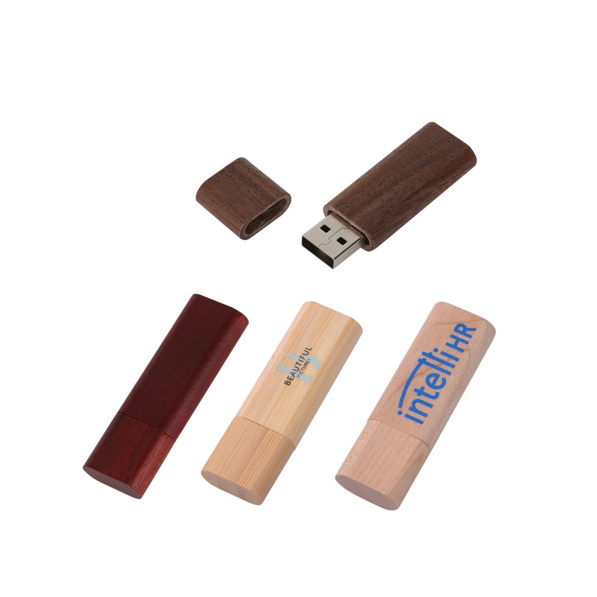 Assorted wooden USB drives, some with caps off, displaying logos.