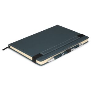 Closed dark green promotional diary with pen secured by an elastic band.