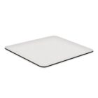 A square-shaped, flat white object with rounded corners and a dark edge, resembling a minimalist mousepad, sits on a white surface.