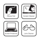 Four icons: a mouse on a pad labeled Mouse Pad, a hand cleaning a laptop screen labeled Screen Cleaner, an open laptop with a film labeled Screen Protector, and glasses with a cloth labeled Lens Cleaner.