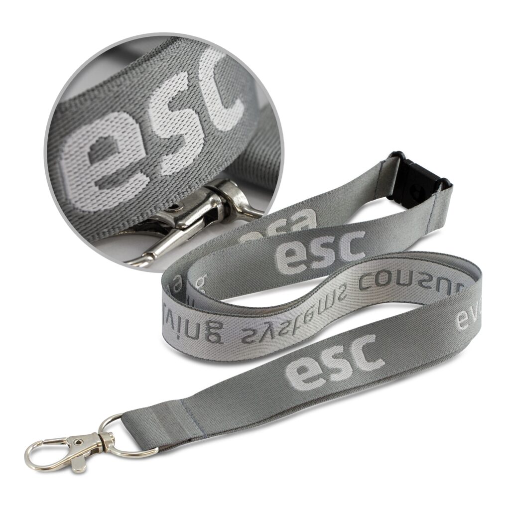Custom gray lanyard with esc text and a sleek metal clip for business visibility.