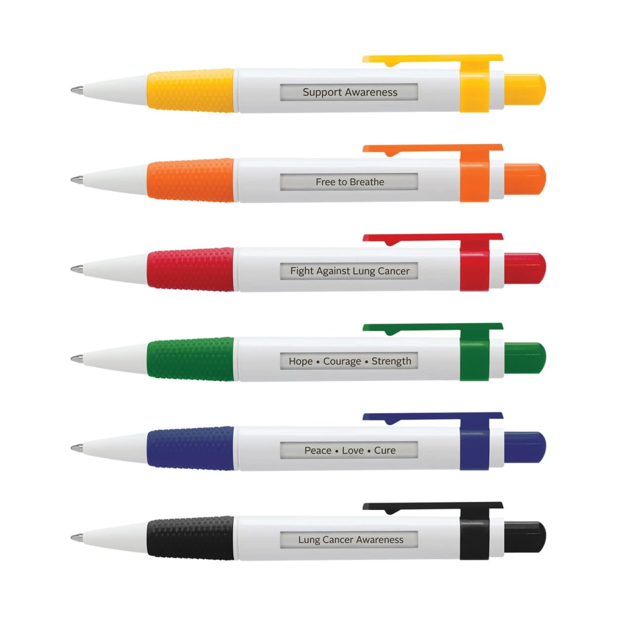 Six pens with white bodies and colored grips and clips are stacked horizontally. Each pen displays a message, including Support Awareness and Lung Cancer Awareness, in varying colors: yellow, orange, red, green, blue, and black.