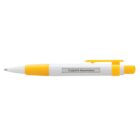 A white and yellow ballpoint pen with a rubber grip and a pocket clip. The pen has a rectangular display window showing the words Support Awareness.