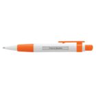 Orange and white click pen with a rubber grip and a clip on its side. The body of the pen features a transparent window displaying the text Free to Breathe.