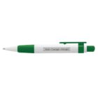 A white and green ballpoint pen with a rubber grip and a pocket clip. The pen has the words Hope • Courage • Strength printed on its side.