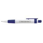 A blue and white retractable pen with a rubber grip and clip. The barrel has the words Peace • Love • Cure printed in a rectangular section.