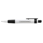A white and black retractable pen with a rubber grip, featuring the text Lung Cancer Awareness on the barrel.