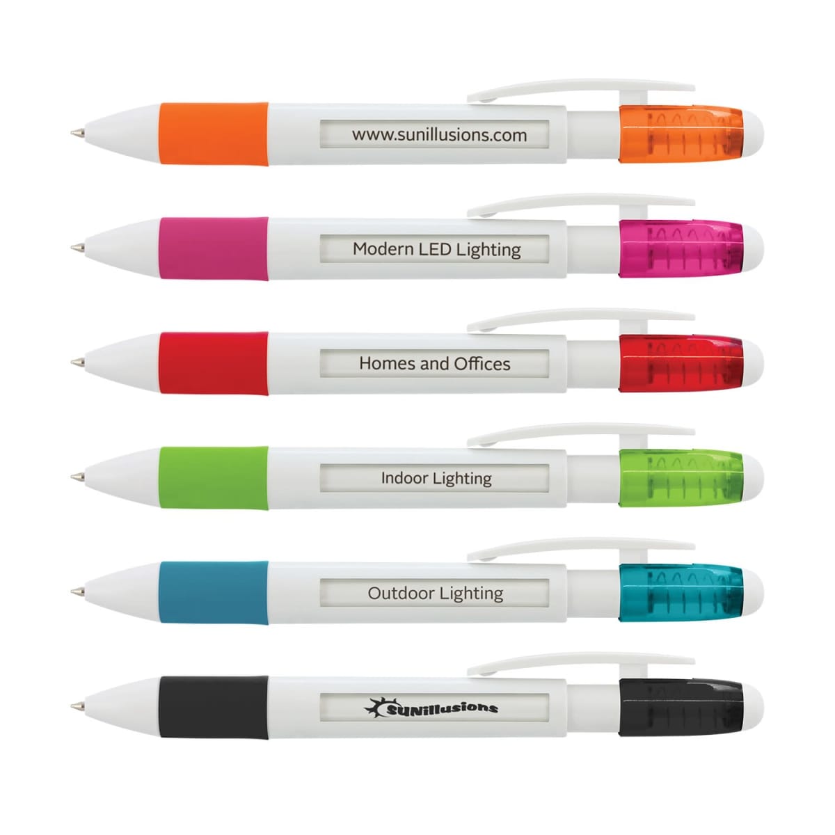 Six pens with different colors: orange, pink, red, green, blue, and black. Each pen has a clip with text labels such as Modern LED Lighting and Indoor Lighting. The top pen displays www.sunillusions.com.