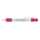 White and pink ballpoint pen with a white clip. The pen features a transparent section in the middle displaying the text Modern LED Lighting. The tip and the clicker end are pink.
