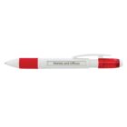 A red and white retractable pen with a clip and a label that reads Homes and Offices on the side. The pen features a red grip and a transparent section near the click mechanism.