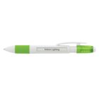 A white pen with green accents featuring a side clip and a clear section around the push button. Text on the pen reads Indoor Lighting.