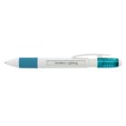 A retractable pen with a white barrel, teal grip, and transparent teal clip. The pen has Outdoor Lighting printed on a section near the clip.