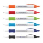 A set of six ballpoint pens in various colors: orange, red, green, blue, navy, and black. Each pen features a different promotional slogan along the barrel, highlighting benefits like worldwide coverage and no hidden costs.