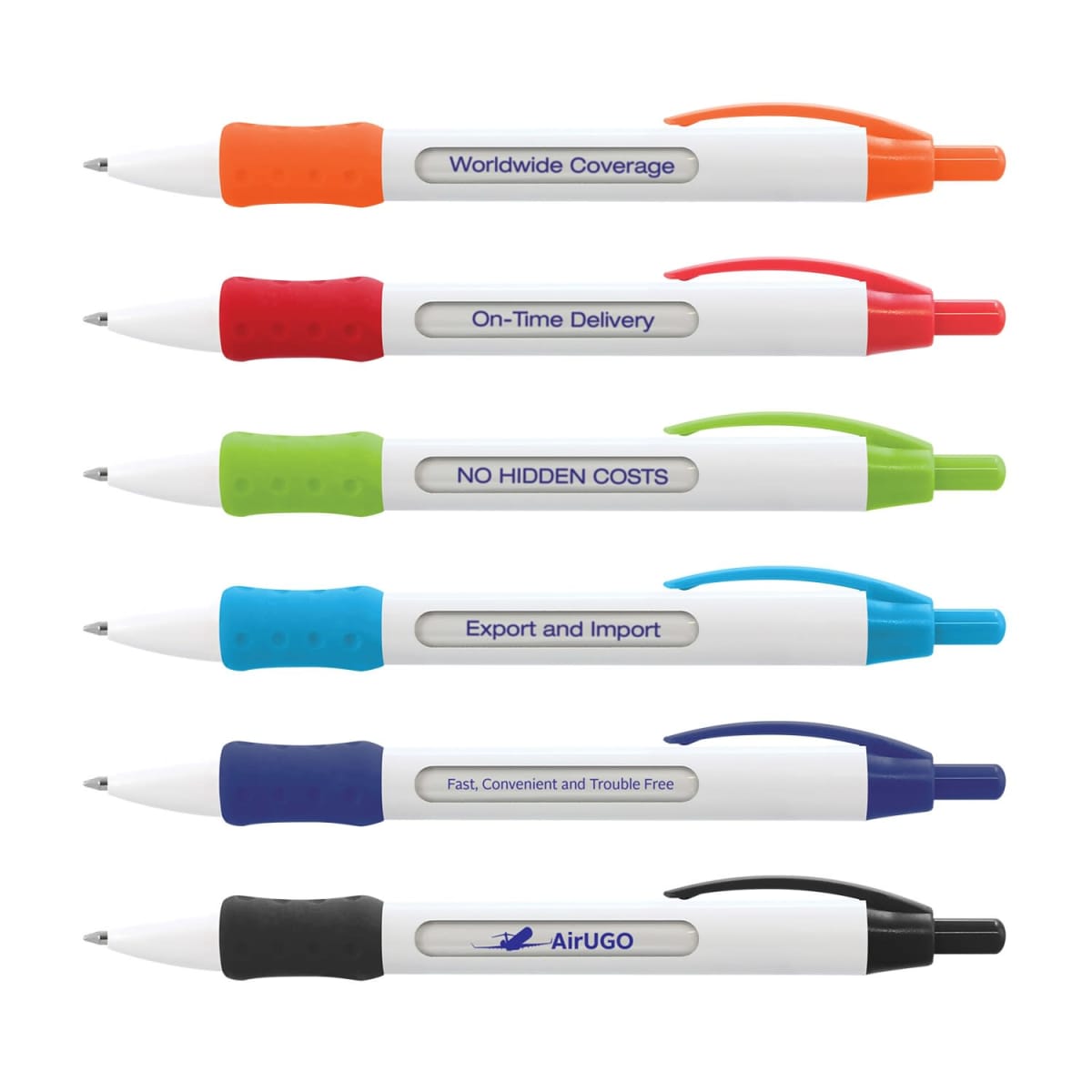 A set of six ballpoint pens in various colors: orange, red, green, blue, navy, and black. Each pen features a different promotional slogan along the barrel, highlighting benefits like worldwide coverage and no hidden costs.