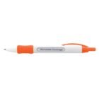 A white and orange retractable ballpoint pen with an orange grip and clip. The pen has the text Worldwide Coverage printed on its white barrel.