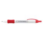 A white and red retractable ballpoint pen with a red grip and clip. The pen has the text On-Time Delivery printed on the side in blue letters.