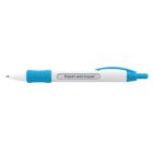 A blue and white ballpoint pen featuring a clickable top and a side clip. Export and Import is printed on its side.