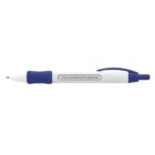 A white ballpoint pen with a blue grip and blue clicker. The pen has the text Fast, Convenient and Trouble Free printed on its side.