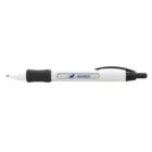 A white and black retractable ballpoint pen with a rubber grip. The barrel features a clear window and AirUGO in blue next to a silhouette of an airplane. The pen has a black clip and click button.