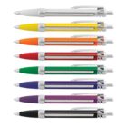 A vertical row of eight retractable pens, each with a different colored barrel and grip: red, yellow, orange, green, blue, purple, pink, and black. All have white clips and buttons.