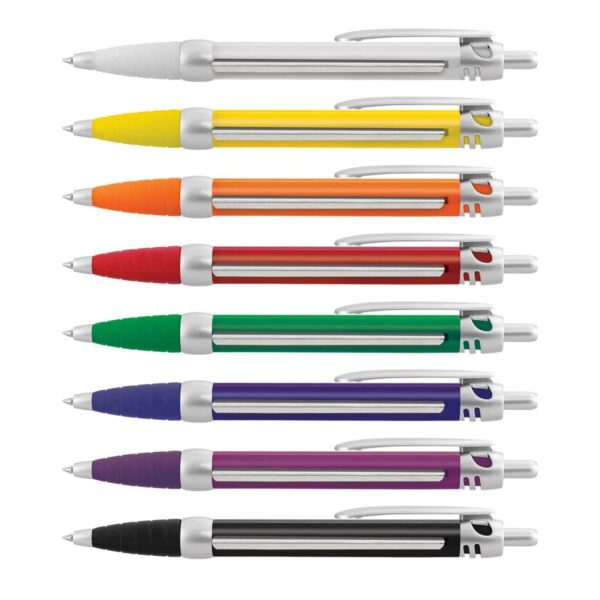 Eight retractable pens arranged vertically; colors are white, yellow, orange, red, green, blue, purple, and black. Each pen has a silver clip and tip, with rubber grips matching the pen’s body color.