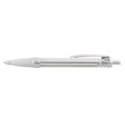 A white retractable ballpoint pen with a textured grip and a pocket clip. The pen is lying horizontally against a white background.
