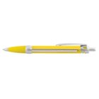 A ballpoint pen with a yellow barrel and silver accents, including a clip and a click mechanism at the top, lies horizontally against a white background.