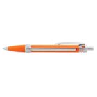 An orange and silver retractable ballpoint pen with a ribbed grip and a silver clip is set against a plain white background.