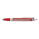 A red and silver retractable ballpoint pen with a textured grip, a clip on the side, and a push button on the end.