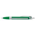 A green retractable ballpoint pen with a textured grip and a silver clip. The pens clicker and tip are visible, with its sleek design lying horizontally against a plain white background.