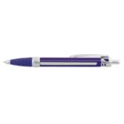 A blue and silver retractable ballpoint pen with a textured grip is shown against a white background. It features a metal clip and a click mechanism at the top.