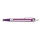 A purple and silver retractable ballpoint pen with a textured grip, metal clip, and white button for retracting the tip. The pen is positioned horizontally with the tip facing left.