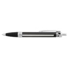 A black and silver retractable ballpoint pen with a ribbed grip and a metallic clip. The pen is positioned horizontally against a white background.