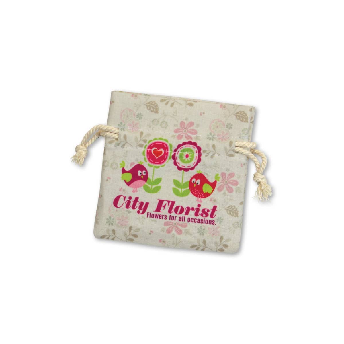 A small, light-colored drawstring bag features two cartoon birds beside colorful flowers. The text City Florist: Flowers for all occasions is printed below in pink. The background has a subtle floral pattern.