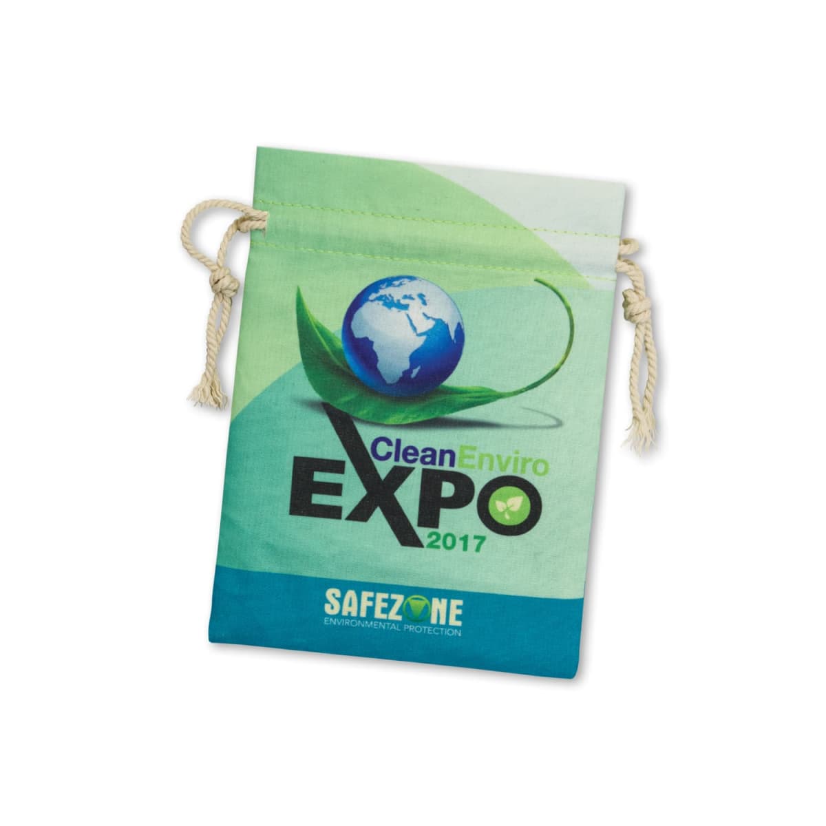 A drawstring bag featuring a Clean Enviro EXPO 2017 logo with a globe and green leaf design. Below, the words SAFEZONE ENVIRONMENTAL PROTECTION are printed. The bag has a light green and turquoise color scheme.