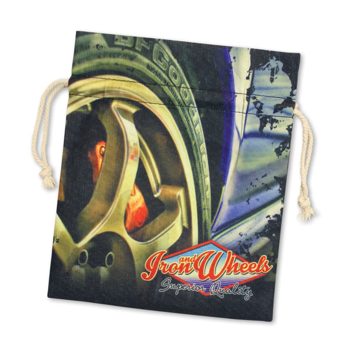 Drawstring bag featuring an image of a car wheel with stylized brake calipers. Text reads Iron and Wheels and Superior Quality in red and white fonts. The bag has beige drawstrings and a dynamic, automotive-themed design.