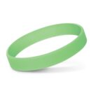 A plain green silicone wristband is shown against a white background. The band is circular and smooth, with a slight shadow underneath, giving it a floating appearance.
