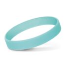 A light blue silicone wristband displayed on a white background. The wristband is circular, slightly tilted, and casting a soft shadow beneath it.
